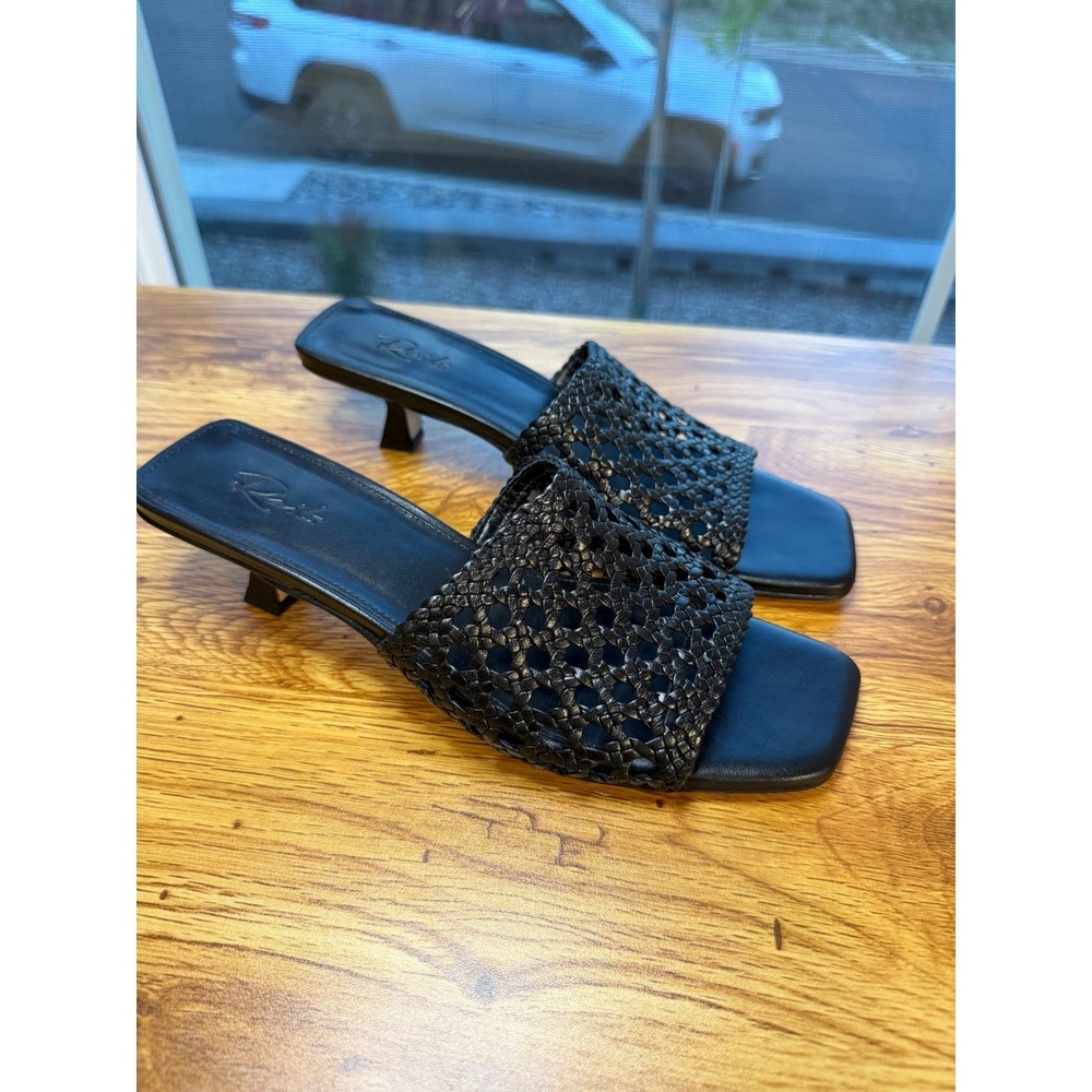 Rails Black Rimini Woven Leather Kitten Heel Mule Sandals Square Toe 8
